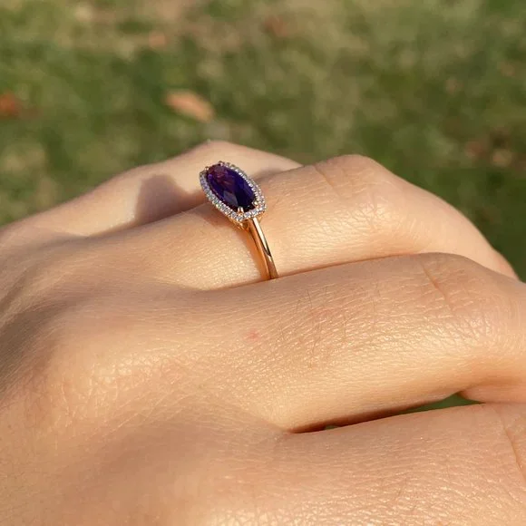 Contemporary Checkerboard Cut Elongated Amethyst and Natural Diamond Halo Ring i